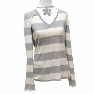 GAP Summer Weight Sweater Women's Sz L V-Neck Gray, Ivory Stripe, Preppy